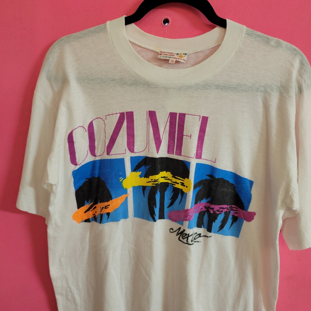 Vintage 80s single neon beach T-shirt large White Cozumel Mexico surf summer